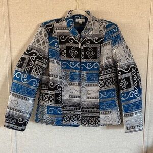 Dressbarn Tapestry Blazer Sz M Black Blue Silver Career Office Structured Jacket